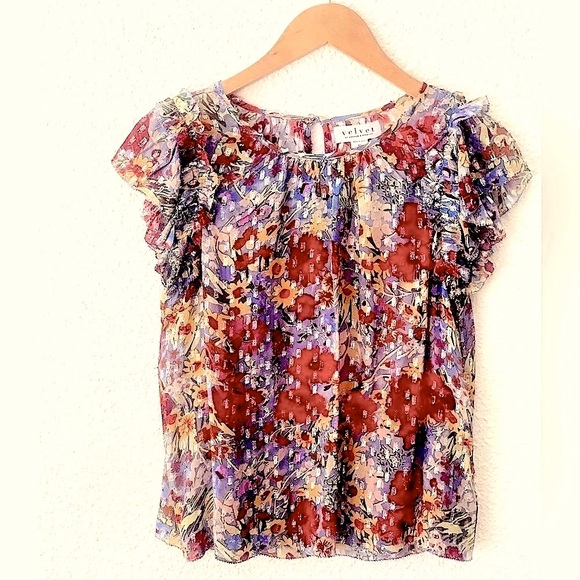NWT Anthropologie Velvet “Keiara” Chiffon Ruffle Sleeve Top -XS - Picture 3 of 16